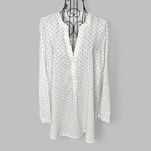 Old Navy Women's Large 100% Cotton White Black Polka Dot Split-Neck Tunic Blouse